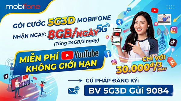 Gói cước 5G3D MobiFone — 24GB data 3 ngày + TikTok miễn phí, giá 30.000đ