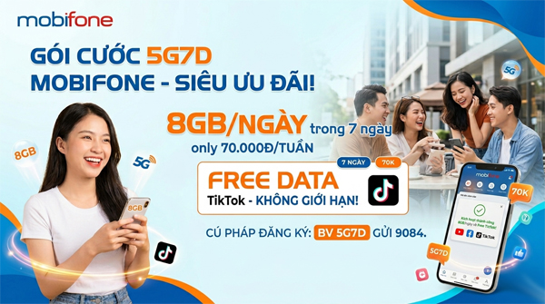Gói cước 5G7D MobiFone — 56GB data 7 ngày + TikTok miễn phí, giá 70.000đ