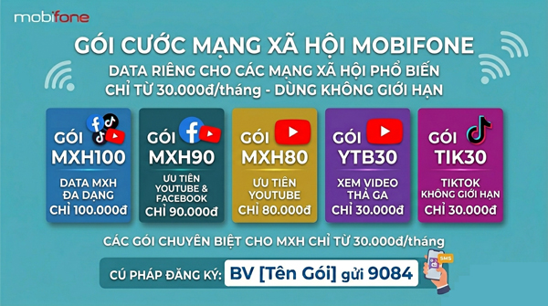 Gói cước mạng xã hội MobiFone — Miễn phí TikTok, Facebook, YouTube mới nhất 2026